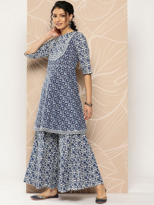 Dhiyona VA Women'sEthnic Motifs Printed Pleated Gotta Patti Pure Cotton Kurti With Sharara
