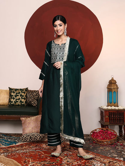 Dhiyona VA Women's Green Yoke Design Mirror Work Kurta with Trousers & Dupatta
