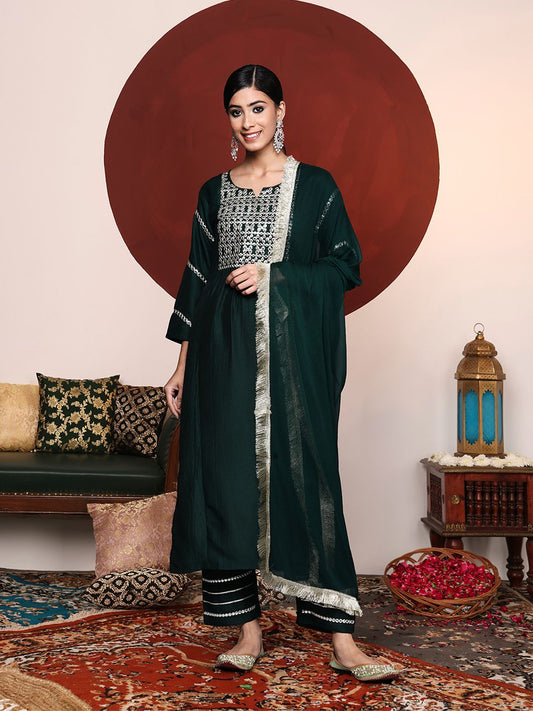 Dhiyona VA Women's Green Yoke Design Mirror Work Kurta with Trousers & Dupatta