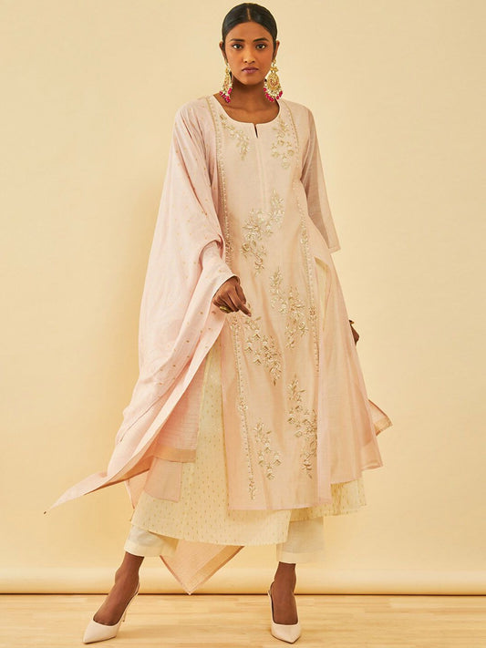 Dhiyona SO Women's Floral Embroidered Layered Thread Work Chanderi Silk Kurta with Trousers & Dupatta