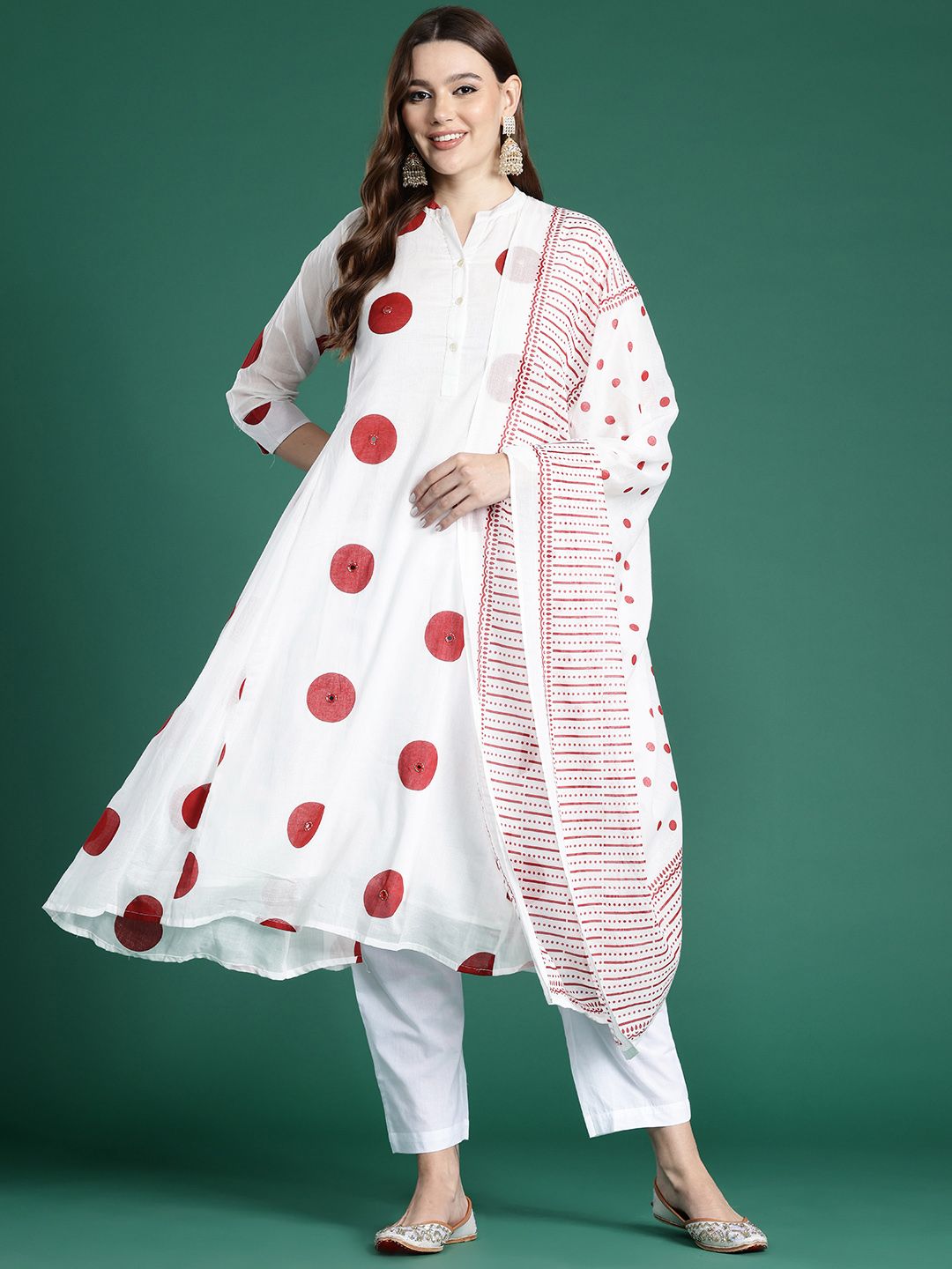 Printed Panelled Sequinned Pure Cotton Kurta with Trousers & With Dupatta