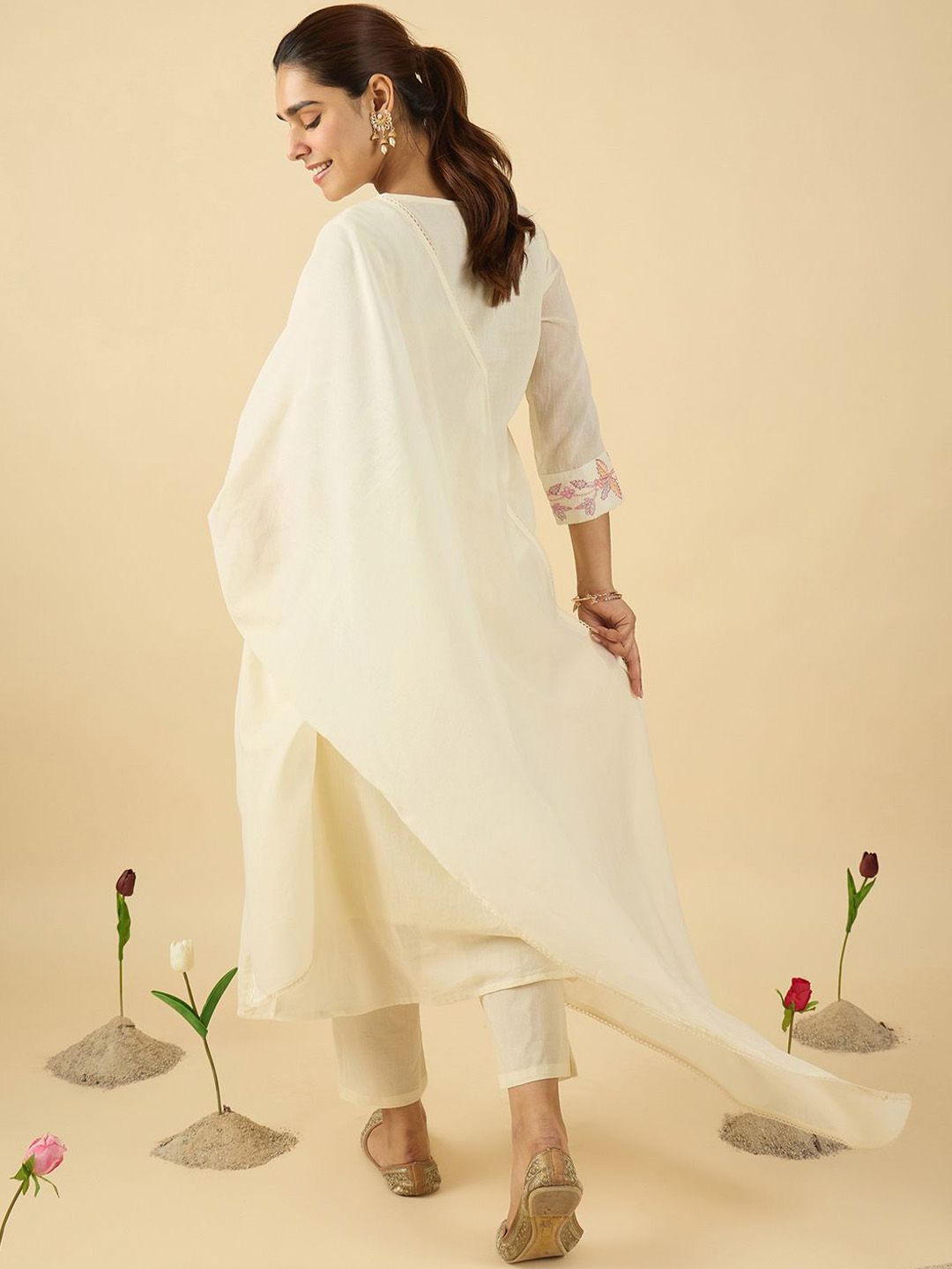 Floral Embroidered Notch Neck Pure Cotton A-Line Kurta & Trousers With Dupatta