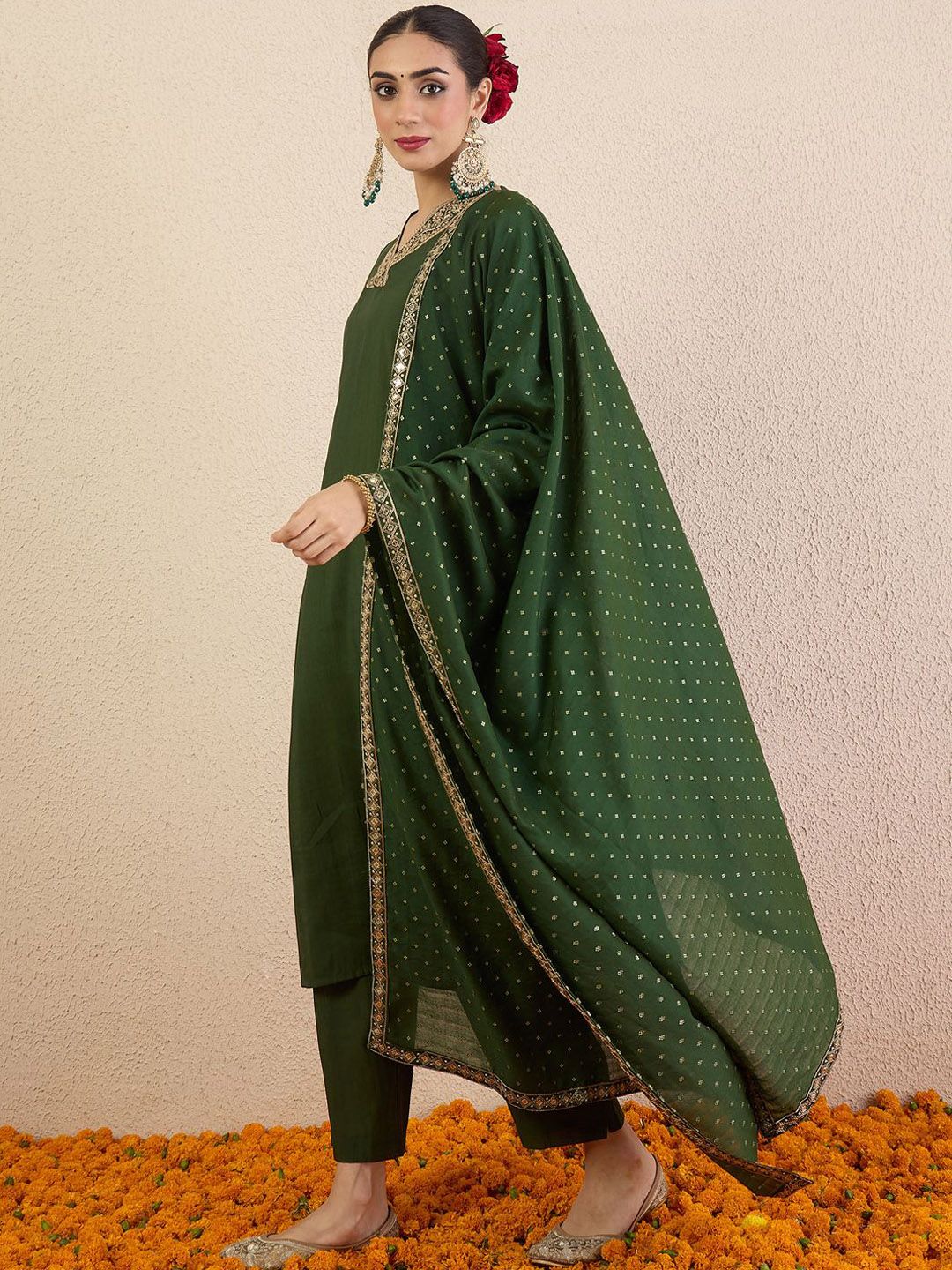 Women Ethnic Motifs Embroidered Regular Kurta with Trousers & With Dupatta