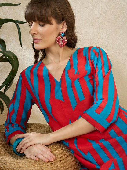 Dhiyona IE Printed V-Neck Three-Quarter Sleeves Pure Cotton Tunic And Trousers