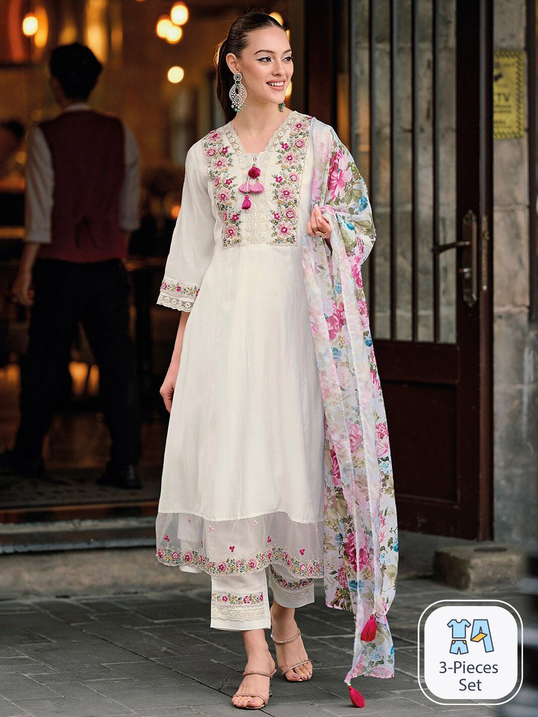 Dhiyona IE Floral Embroidered Thread Work A-Line Kurta With Trousers & Dupatta
