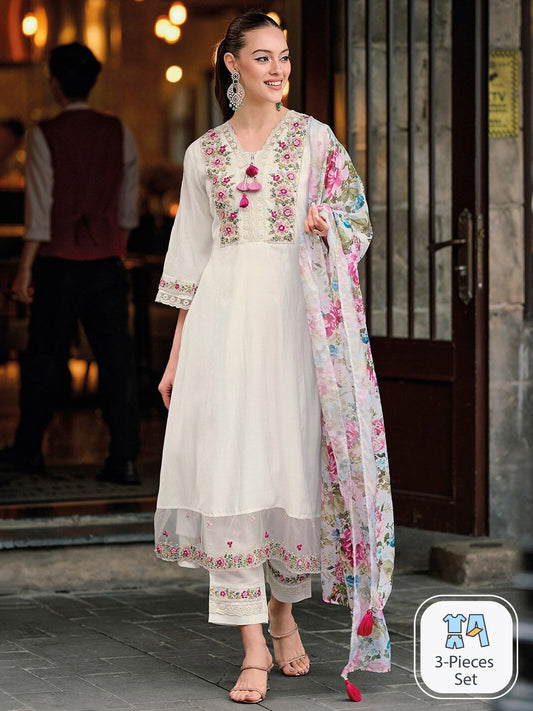 Dhiyona IE Floral Embroidered Thread Work A-Line Kurta With Trousers & Dupatta