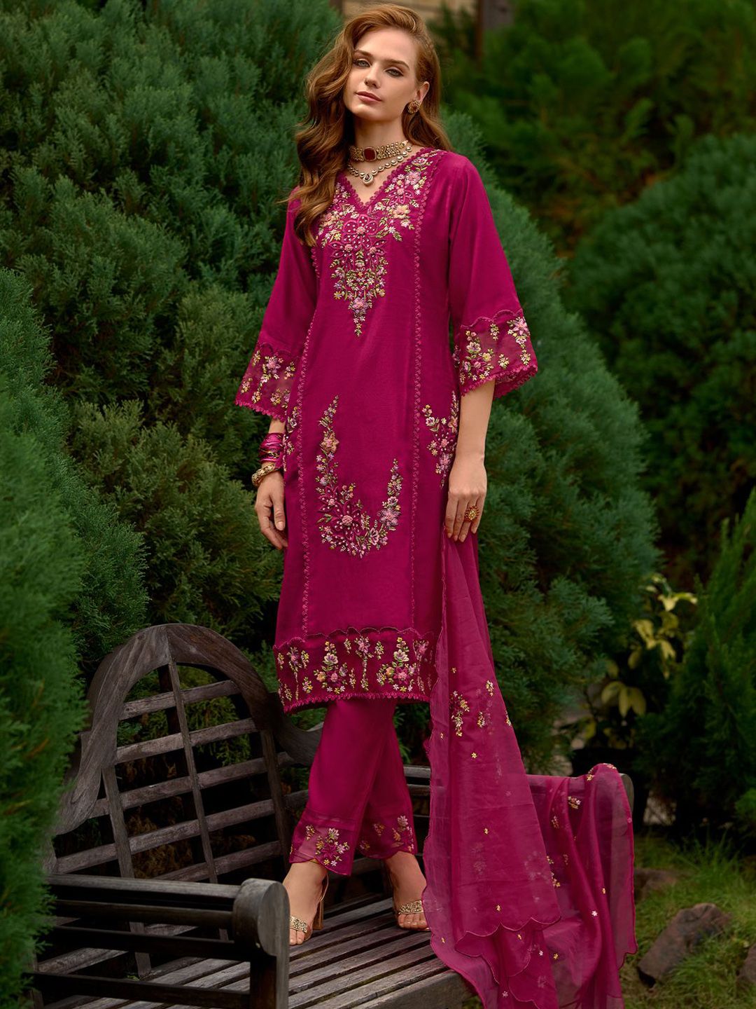 Women Floral Embroidered Panelled Sequinned Kurta with Trousers & With Dupatta
