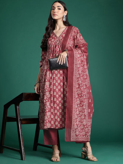 Dhiyona IE Floral Printed Empire Pure Cotton Kurta with Trousers & With Dupatta