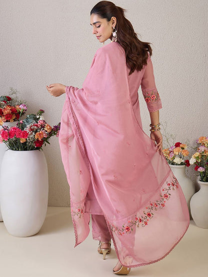 Dhiyona IE Women Ethnic Motifs Embroidered Regular Thread Work Kurta with Trousers & Dupatta
