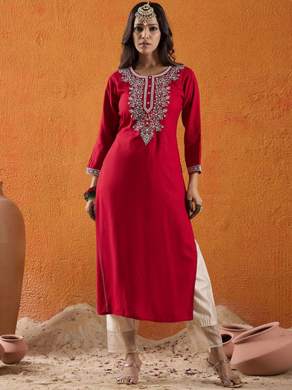 Dhiyona IE Floral Embroidered Thread Work Straight Kurta