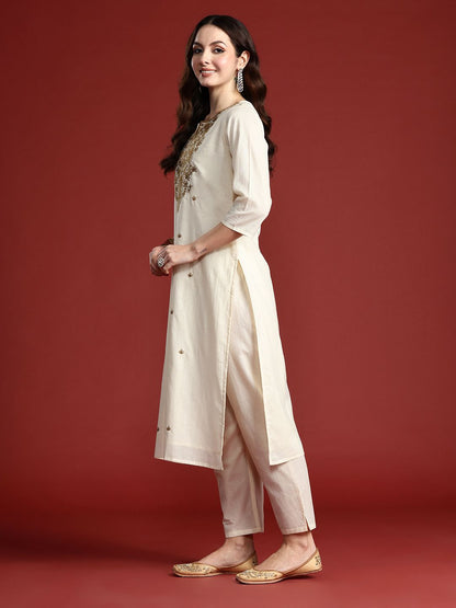 Dhiyona IE Floral Embroidered Thread Work Pure Cotton Kurta with Trousers & Dupatta