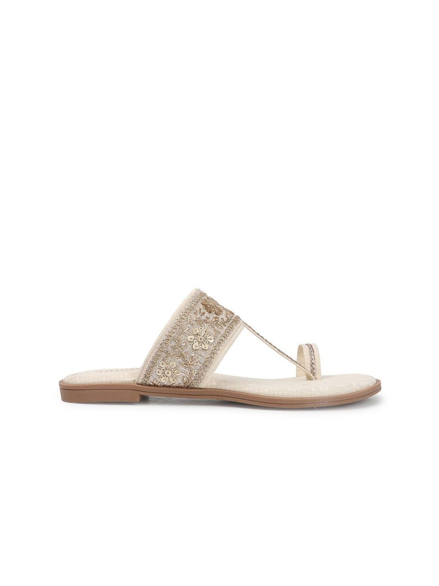 Dhiyona AK Cream-Coloured Embellished Open Toe Flats