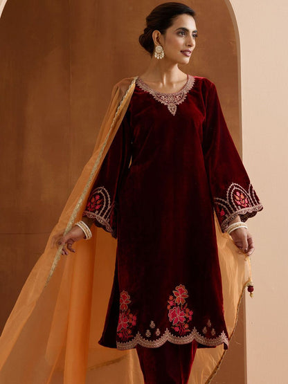 Dhiyona IS Women's Women Ethnic Motifs Embroidered Regular Sequinned Velvet Kurta with Trousers & With Dupatta