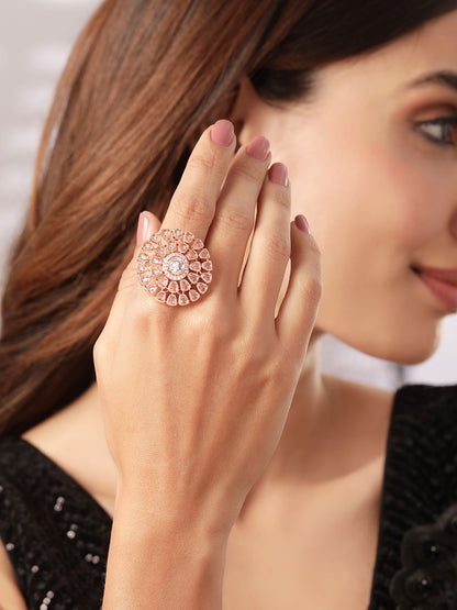 Dhiyona RJ Women's Gold-Toned CZ-Studded Floral-Shaped Cocktail Adjustable Ring