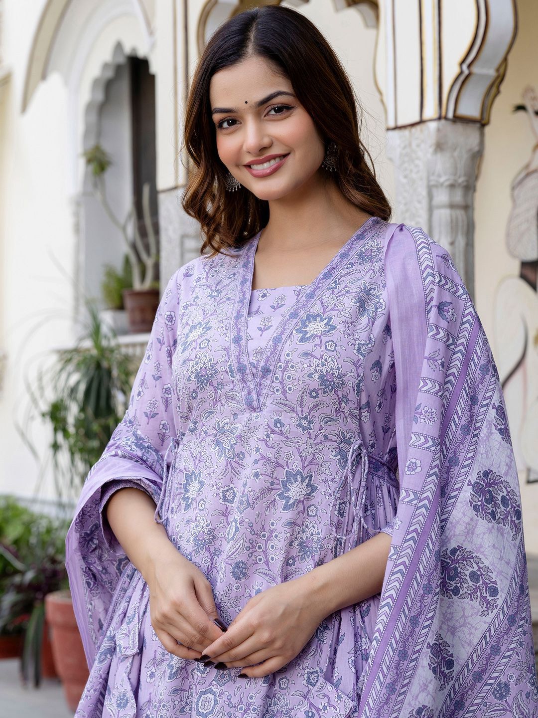 Dhiyona IE Floral Printed Panelled Square Neck Pure Cotton Kurta With Trousers & Dupatta