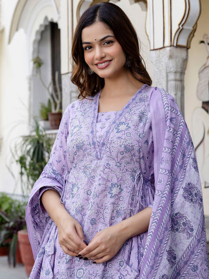 Dhiyona IE Floral Printed Panelled Square Neck Pure Cotton Kurta With Trousers & Dupatta