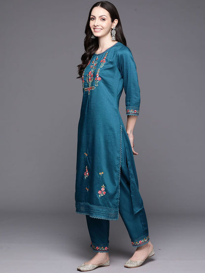 Floral Embroidered Thread Work Straight Kurta With Trousers & Dupatta