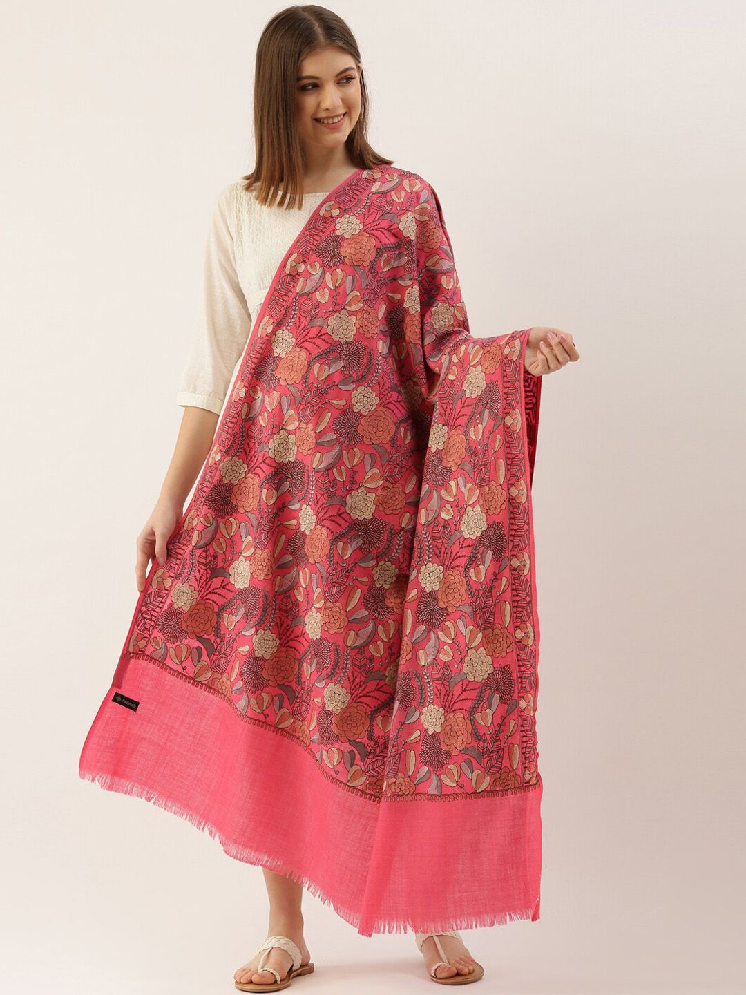 Dhiyona PA Women Pink & Grey Embroidered Woolen Shawl