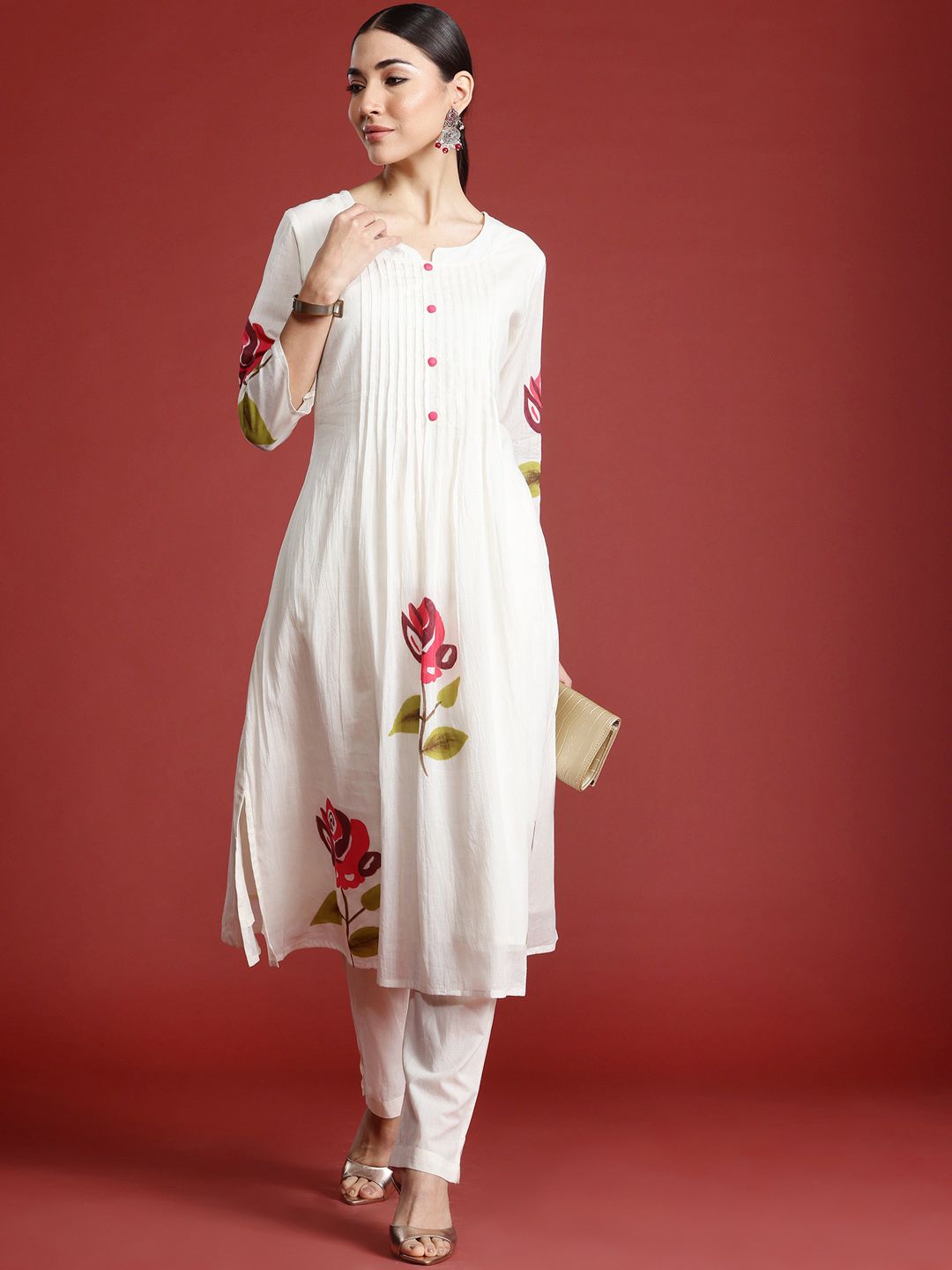 Dhiyona IE Floral Printed Pure Cotton A-Line Kurta with Trousers