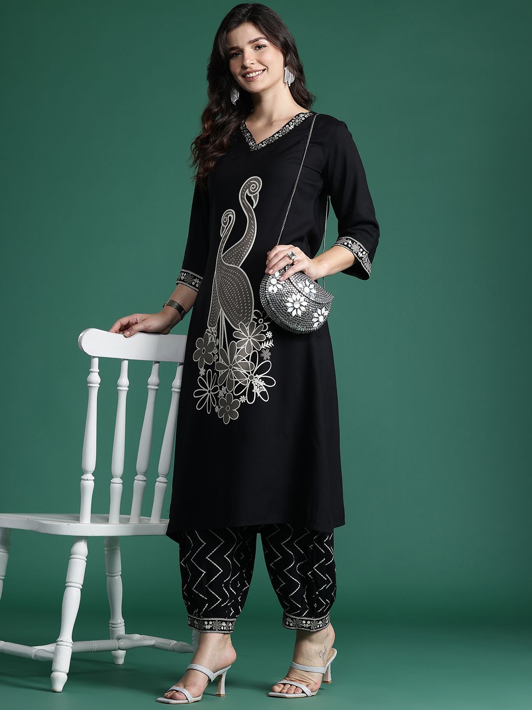 Printed Beads and Stones Detail Kurta with Trousers