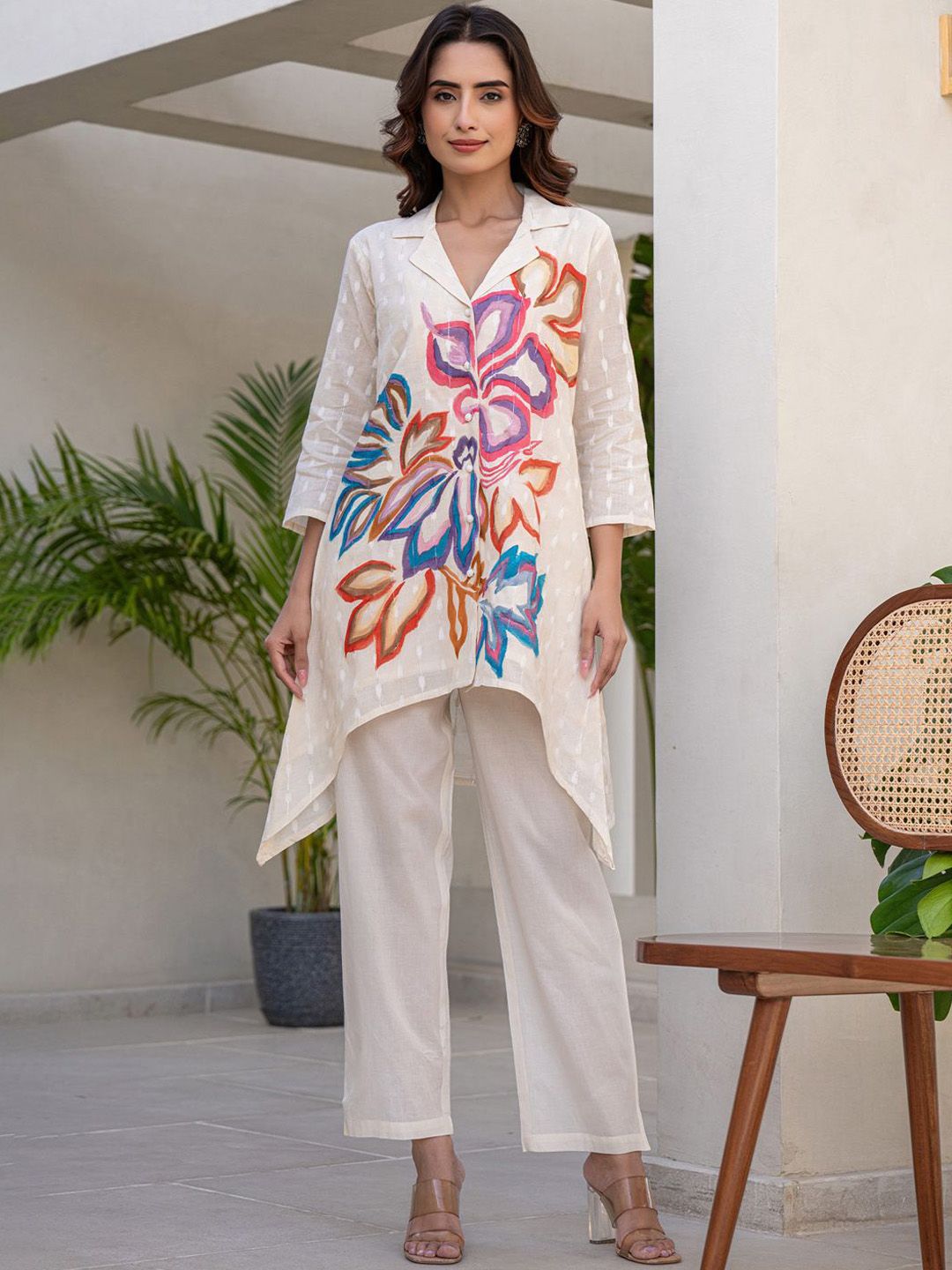 Dhiyona IE Floral Printed Shirt Collar A-Line Pure Cotton Kurta With Trousers