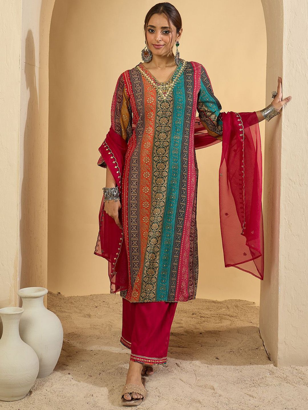 Women Ethnic Motifs Embroidered Thread Work Kurta with Palazzos & With Dupatta