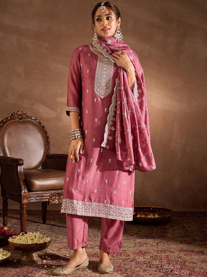 Floral Embroidered V-Neck Thread Work Straight Kurta With Trousers & Dupatta