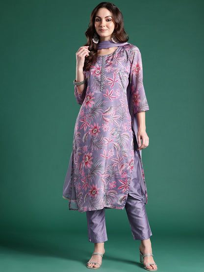 Women Floral Printed Regular Mirror Work Kurta with Trousers & With Dupatta