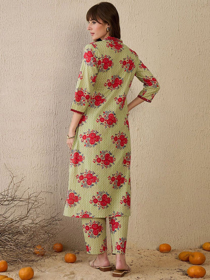 Dhiyona IE Women Floral Printed Regular Mirror Work Pure Cotton Kurta with Trousers