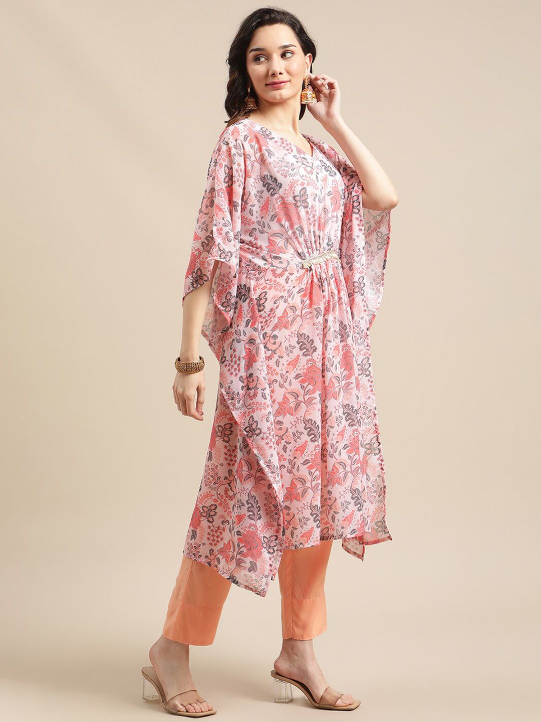 Dhiyona VA Women's Peach-Coloured Ethnic Motifs Printed Kaftan Kurta with Trousers