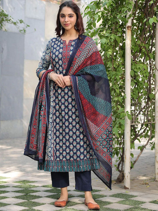 Dhiyona RR Women's Ethnic Motifs Printed Regular Beads and Stones Pure Cotton Kurta with Trousers & With