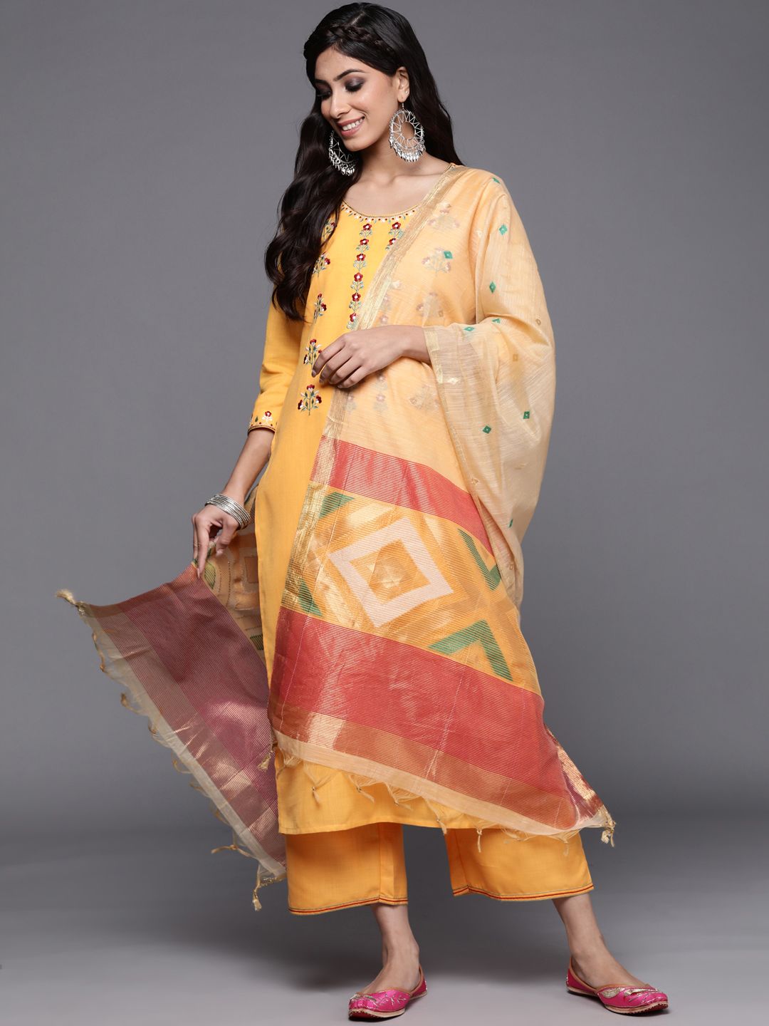 Dhiyona IE Women Yellow Embroidered Kurta with Palazzos & With Dupatta
