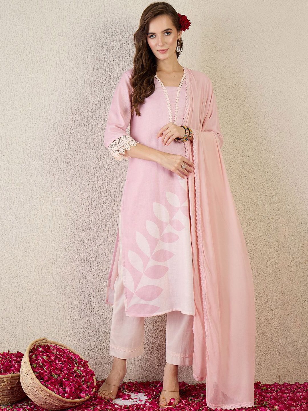 Floral Printed V Neck Straight Kurta With Trouser & Dupatta