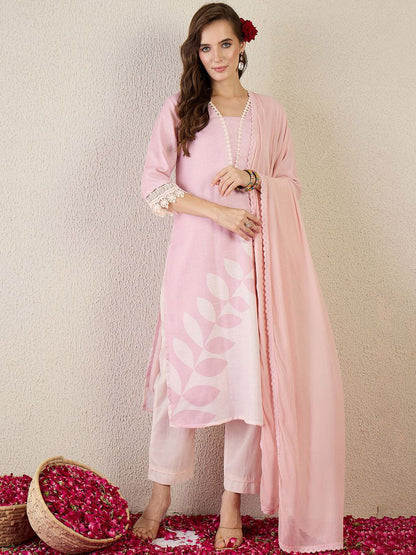 Floral Printed V Neck Straight Kurta With Trouser & Dupatta