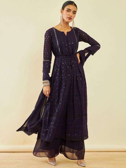 Dhiyona SO Women's Ethnic Motifs Embroidered Pleated Sequinned A-Line Kurta With Palazzos & Dupatta