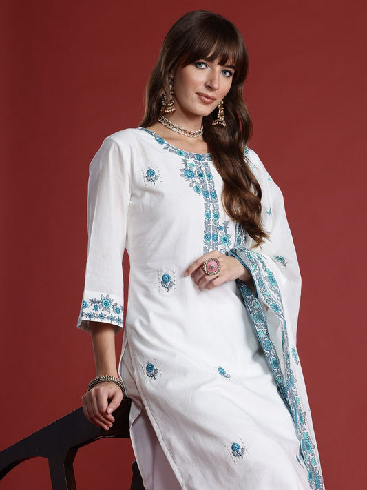 Dhiyona IE Floral Embroidered Thread Work Pure Cotton Kurta with Trousers & With Dupatta