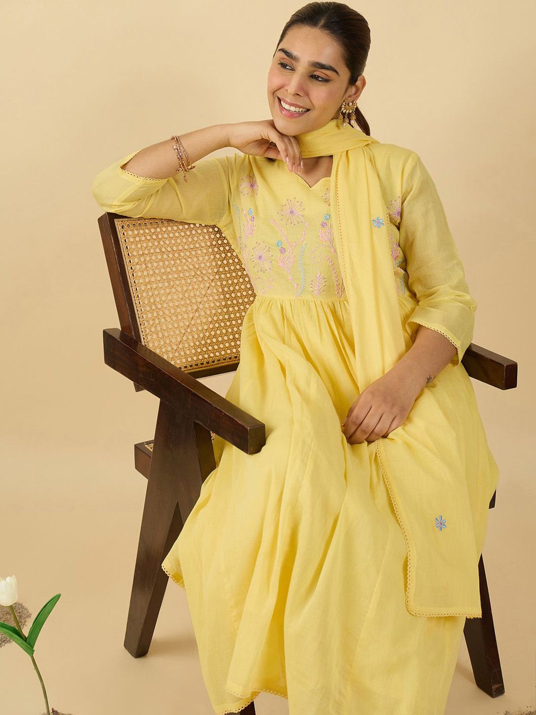 Floral Embroidered V-Neck Pure Cotton A-Line Kurta With Trousers & Dupatta