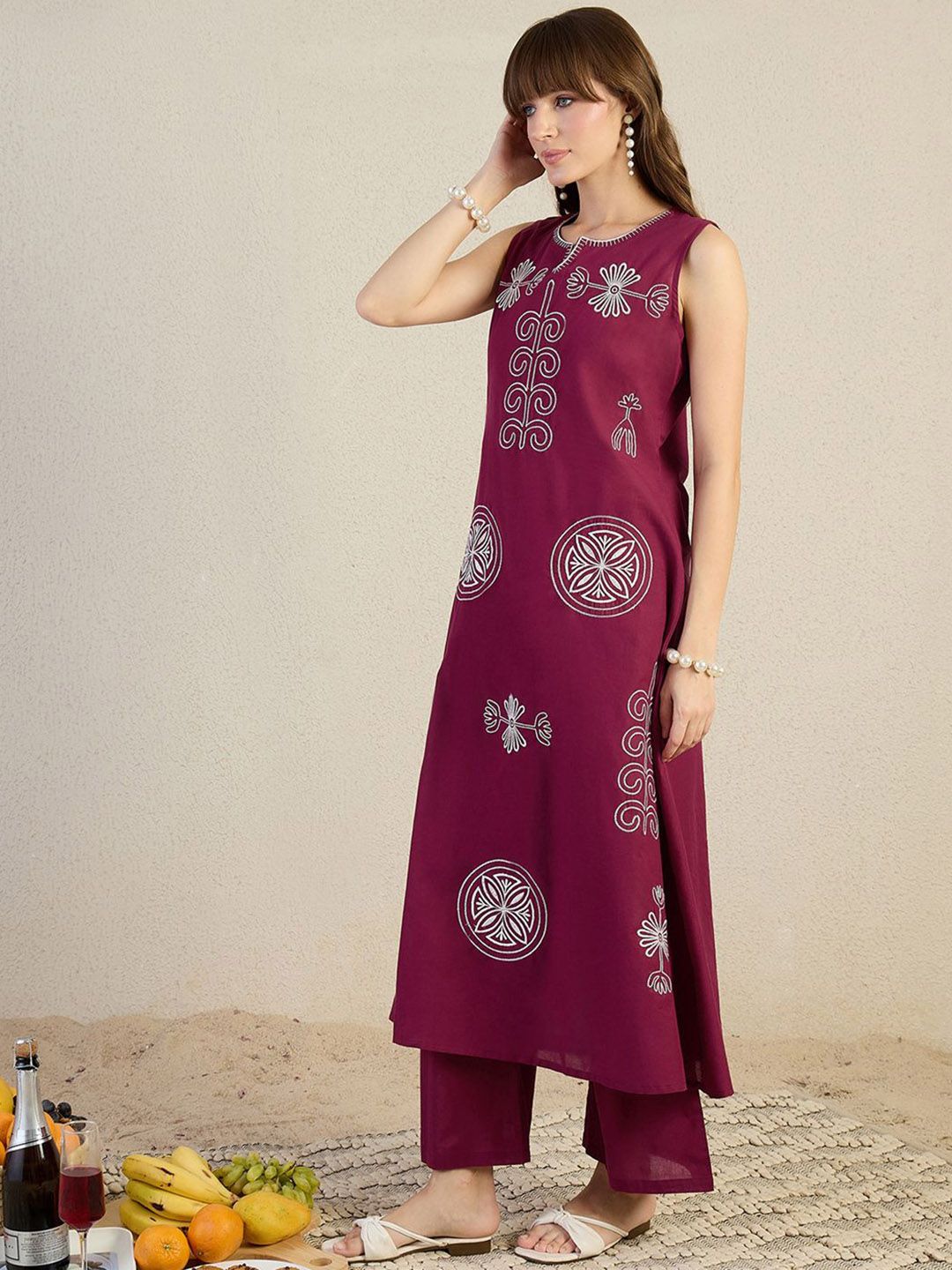 Dhiyona IE Embroidered Round Neck Pure Cotton Top With Palazzos Co-Ords