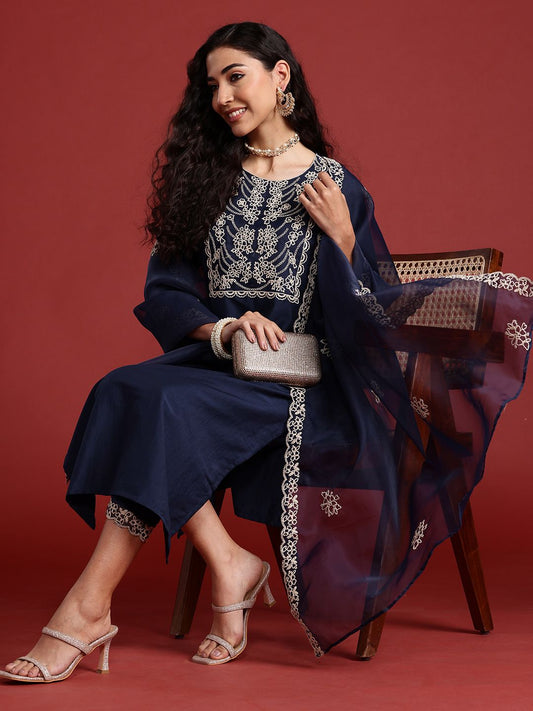 Dhiyona IE Yoke Design Thread Work Kurta With Trousers & Dupatta