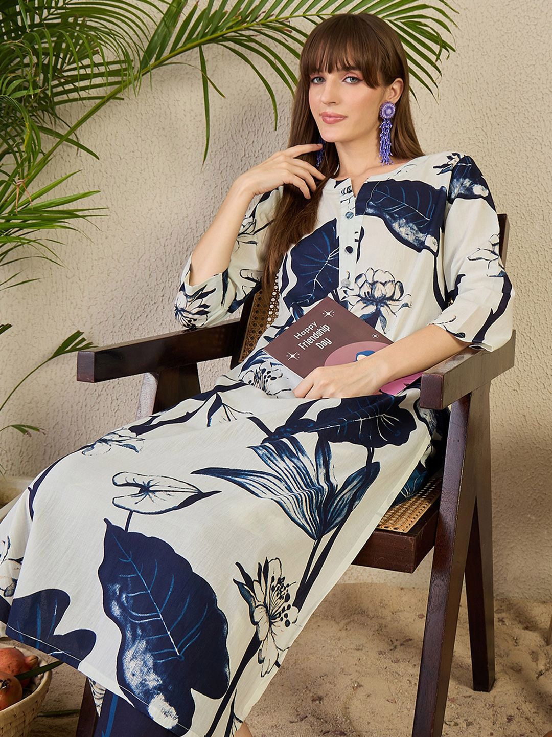 Dhiyona IE Women's Floral Printed Pure Cotton Kurta with Trousers