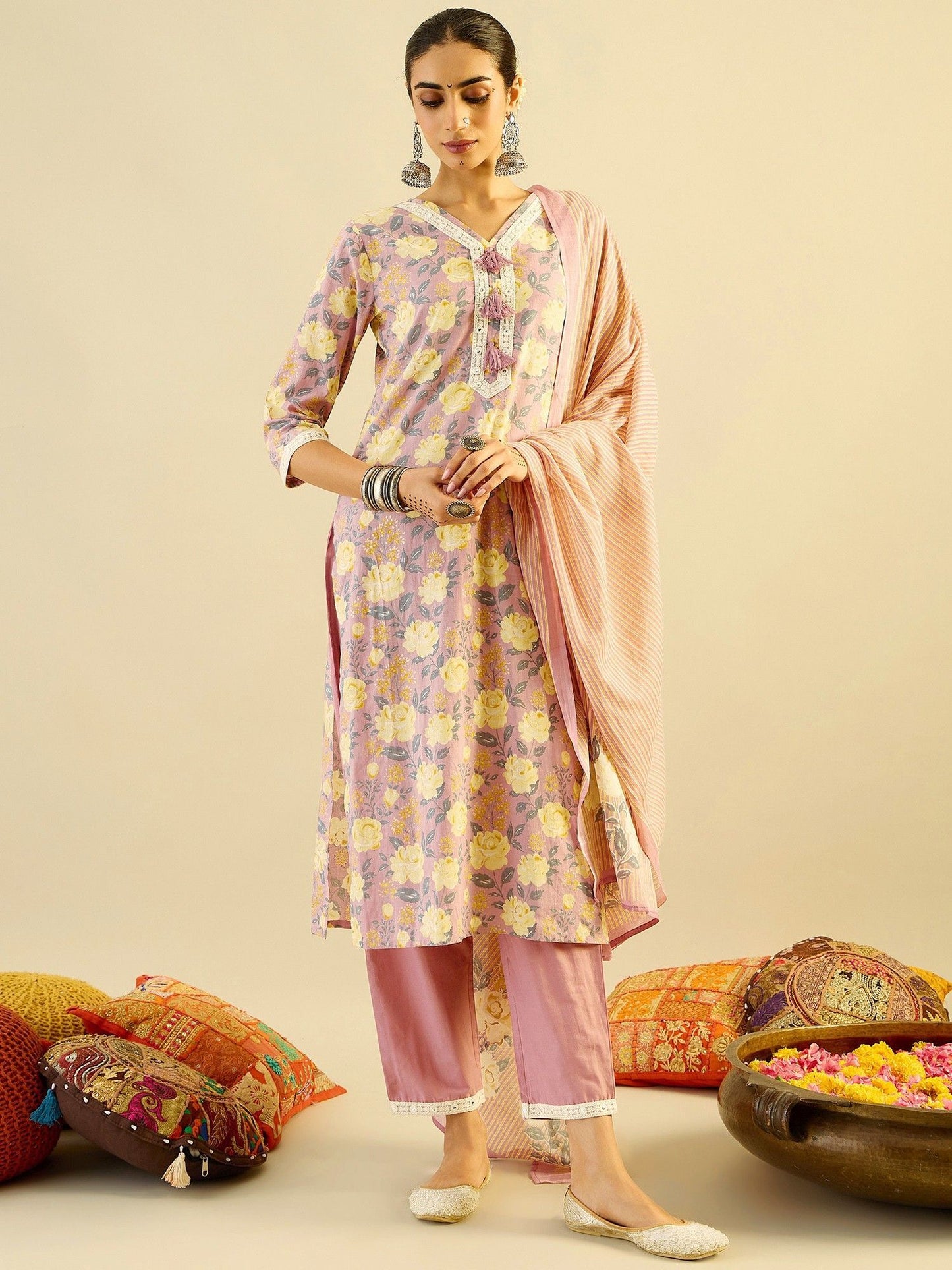 Floral Printed Embellished Pure Cotton Straight Kurta with Trouser And Dupatta
