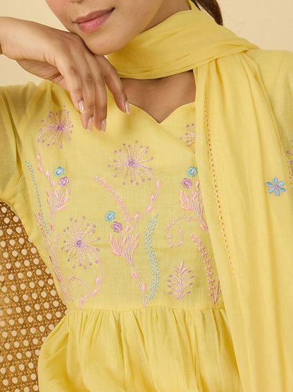 Floral Embroidered V-Neck Pure Cotton A-Line Kurta With Trousers & Dupatta