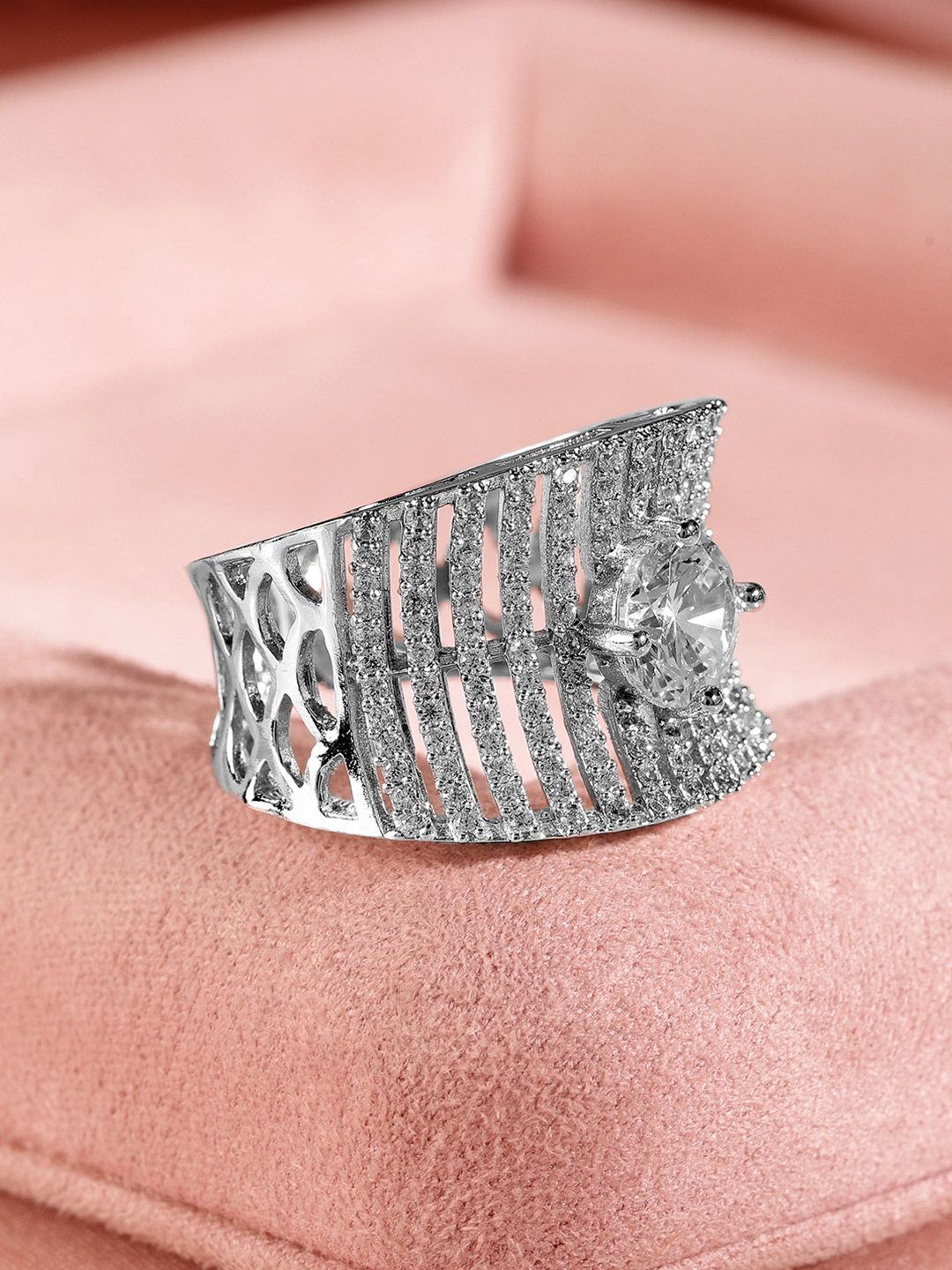 Dhiyona RJ Women's Silver Plated AD & Cubic Zirconia Studded Concave Adjustable Finger Ring