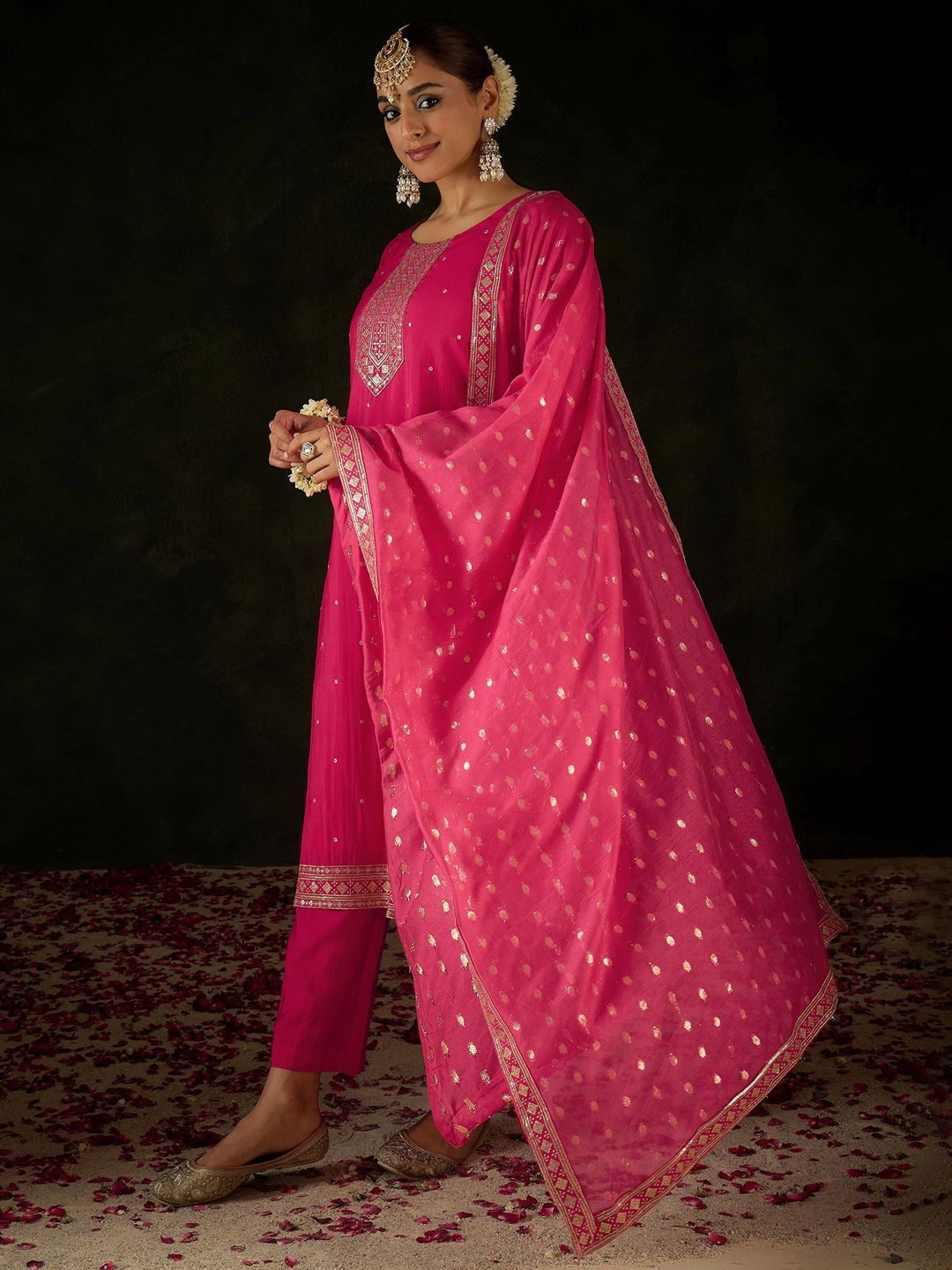 Women Ethnic Motifs Embroidered Regular Sequinned Kurta with Trousers & With Dupatta