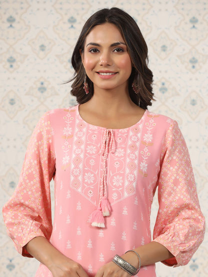 Dhiyona OD  Ethnic Motif Printed Tie Up Neck A-Line Kurta With Trousers