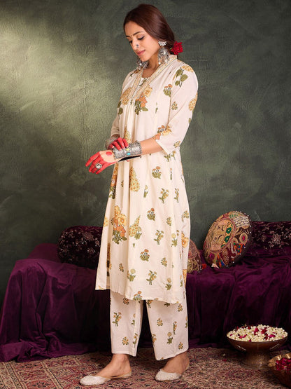 Dhiyona IE Floral Printed Pure Cotton V-Neck A-Line Kurta With Palazzos