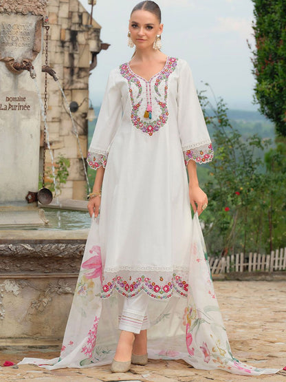 Women Embroidered Thread Work Kurta with Trousers & Dupatta
