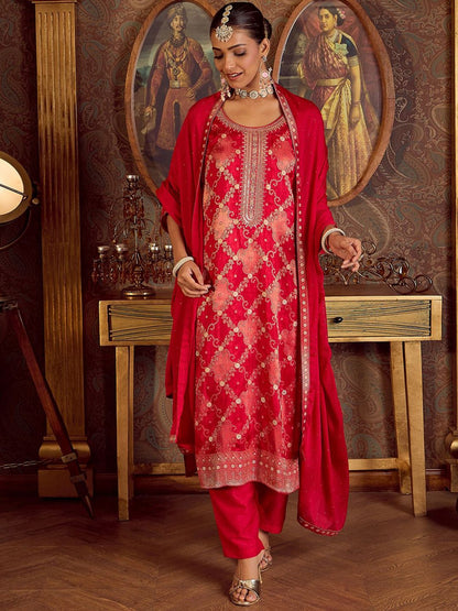 Women Embroidered Regular Kurta with Trousers & With Dupatta
