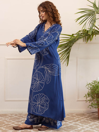 Dhiyona SN Women's Floral Printed V-Neck Straight Kurta & Palazzo