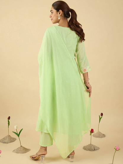 Dhiyona IE Women Embroidered Pure Cotton A-Line Kurta with Trousers & With Dupatta